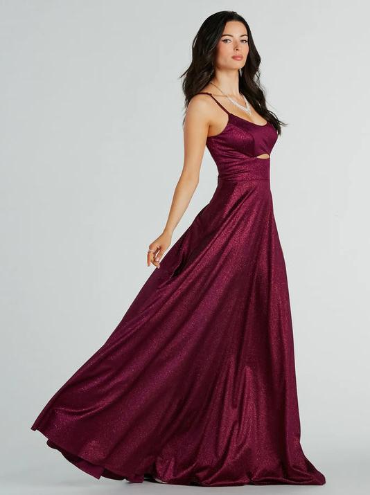 Amina burgundy sparkle A Line Ball Dress with Cut out Express NZ wide - Bay Bridal and Ball Gowns