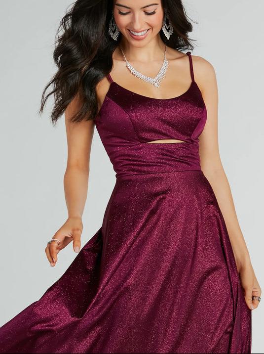 Amina burgundy sparkle A Line Ball Dress with Cut out Express NZ wide - Bay Bridal and Ball Gowns