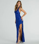 Analia sapphire sequin halter ball dress with split Express NZ wide - Bay Bridal and Ball Gowns