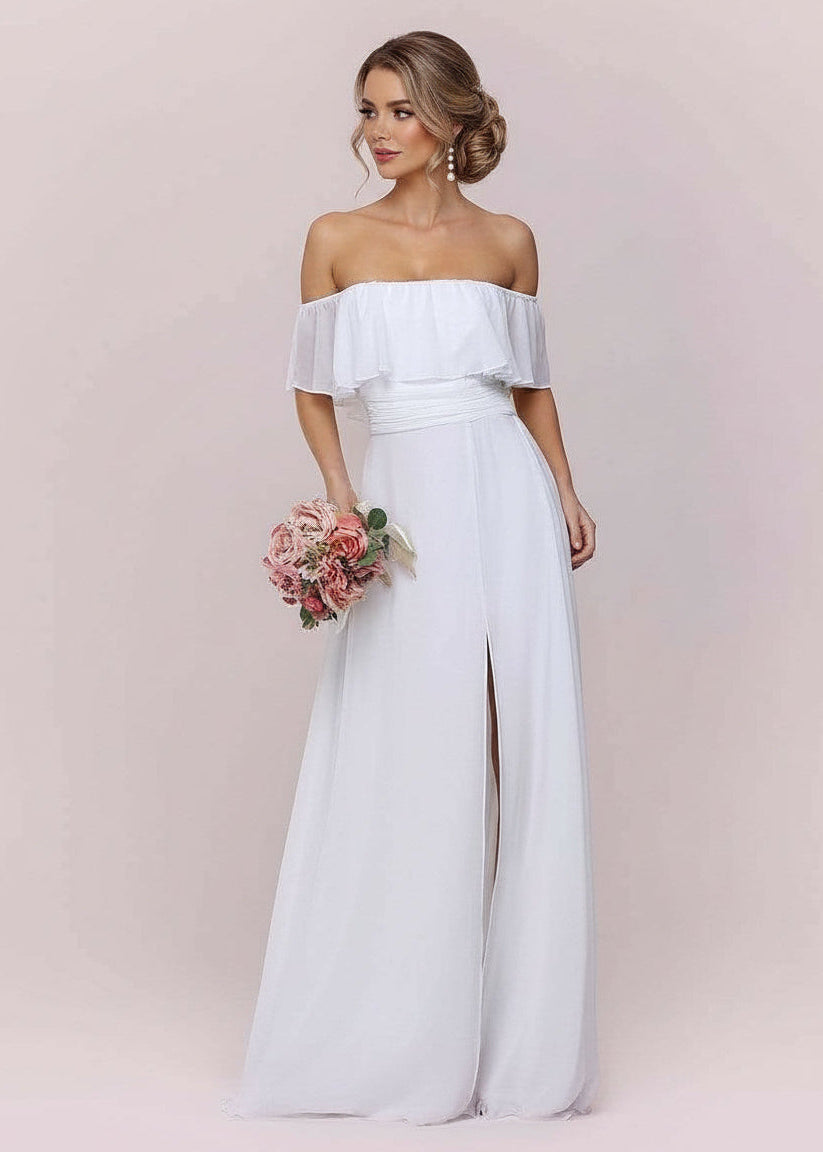 white beach dress off shoulder Angelina Wedding with Split Tryon Product