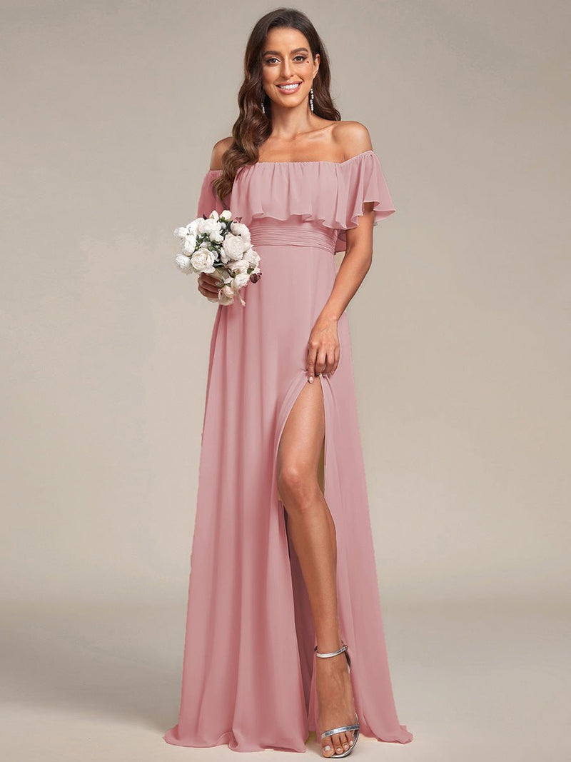 Angelina off shoulder bridesmaid dress with split - Bay Bridal and Ball Gowns