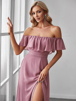 Angelina off shoulder bridesmaid dress with split in dusky rose s8 Express NZ Wide - Bay Bridal and Ball Gowns