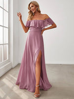 Angelina off shoulder bridesmaid dress with split in dusky rose s8 Express NZ Wide - Bay Bridal and Ball Gowns