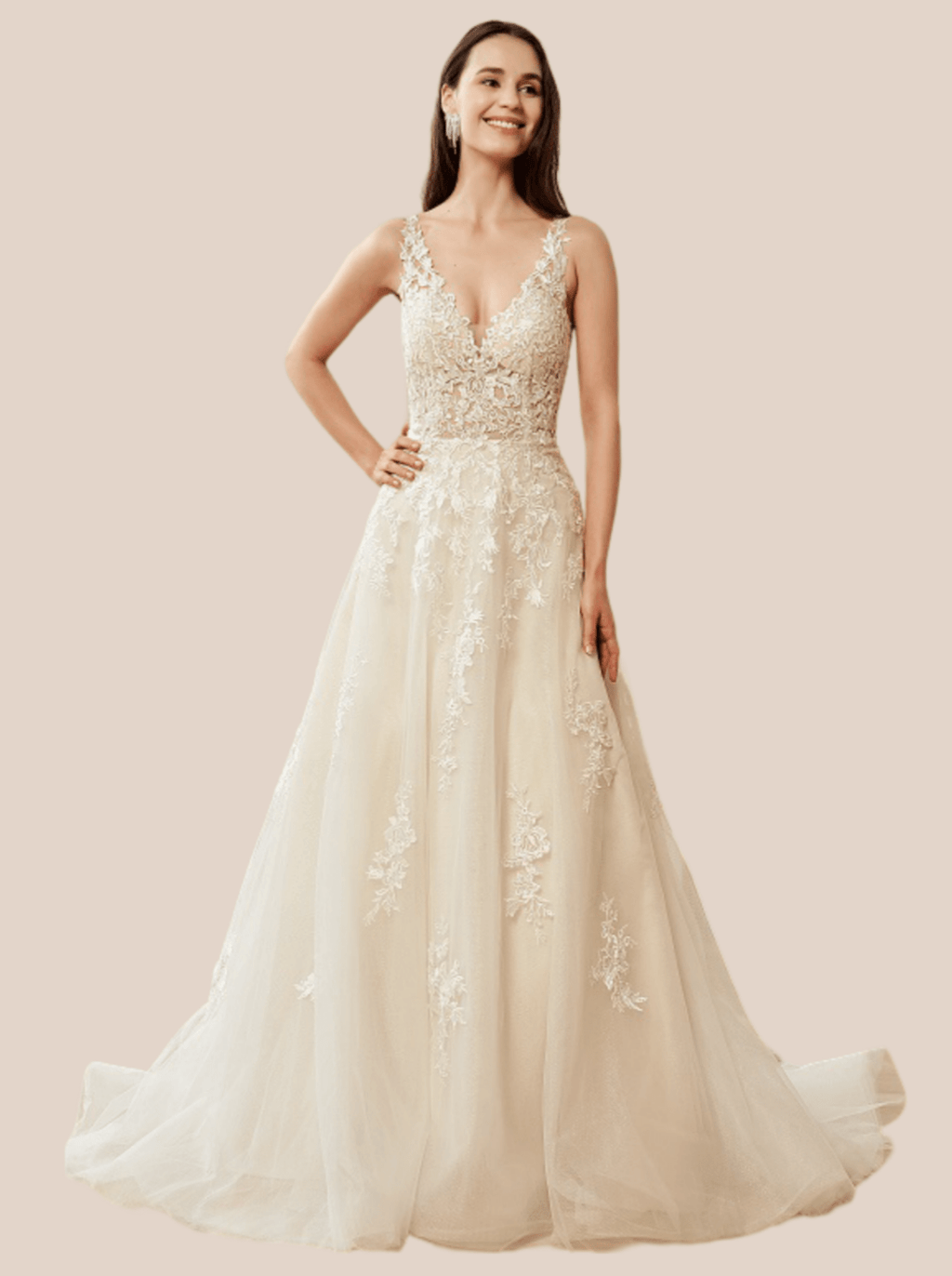 Annika applique lace wedding gown ivory on champagne s12-14 Express NZ wide - Bay Bridal and Ball Gowns