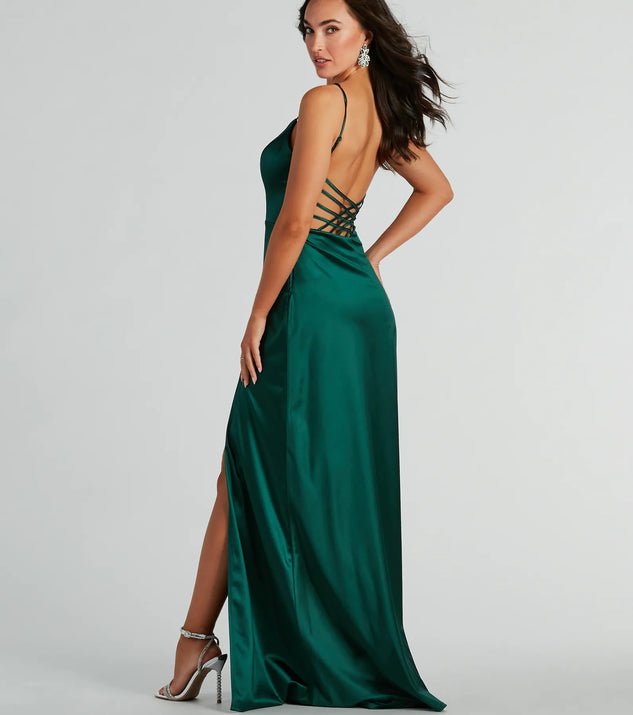 Ansley Emerald Green satin strappy back ball gown Express NZ wide - Bay Bridal and Ball Gowns