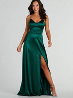 Ansley Emerald Green satin strappy back ball gown Express NZ wide - Bay Bridal and Ball Gowns