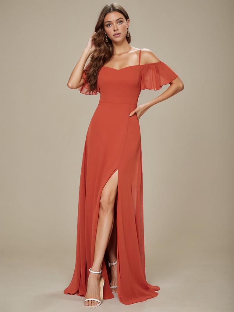 Aurora bridesmaid dress with split in burnt orange s8 Express NZ wide - Bay Bridal and Ball Gowns