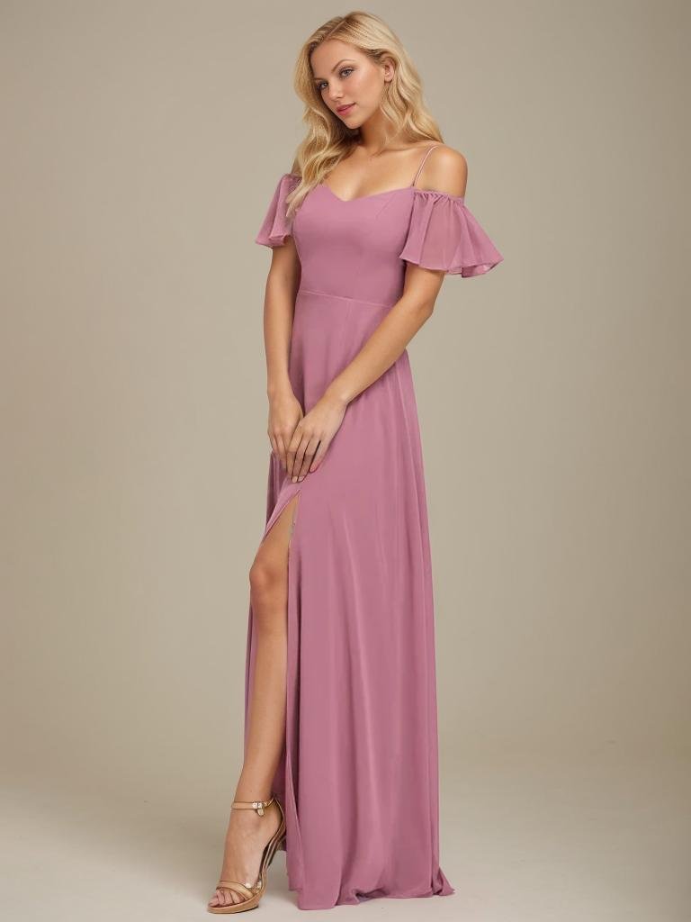 Aurora bridesmaid dress with split in dusky rose Express NZ wide - Bay Bridal and Ball Gowns