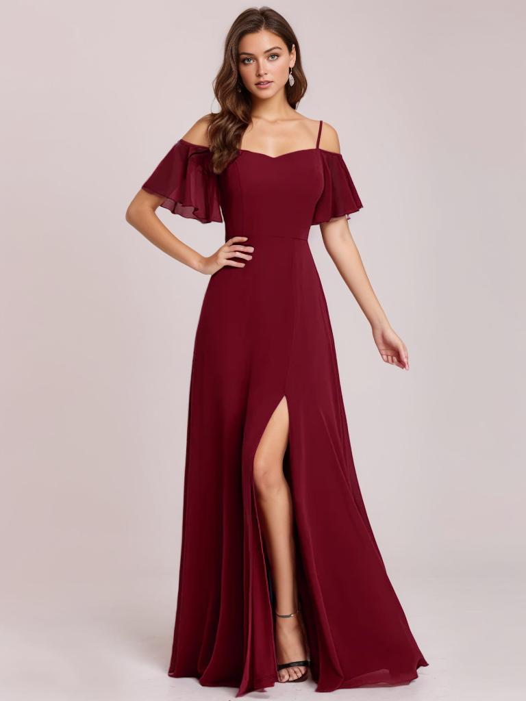 Aurora burgundy cold shoulder bridesmaid s24 dress Express NZ wide - Bay Bridal and Ball Gowns