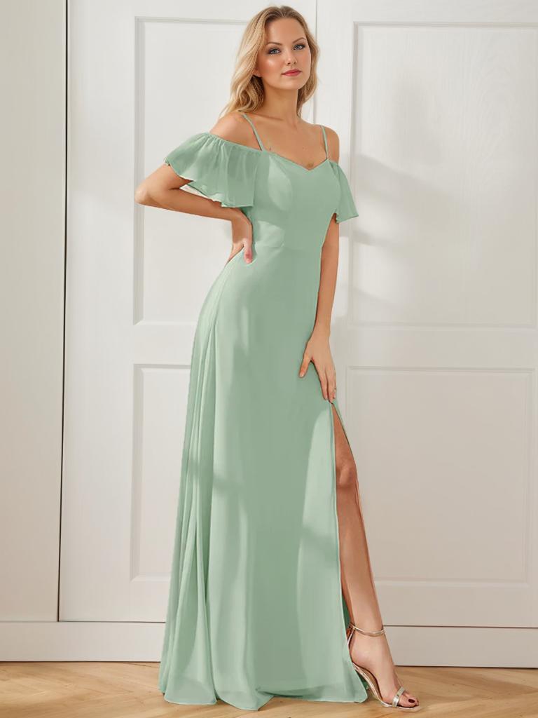 Aurora cold shoulder bridesmaid dress with split - Bay Bridal and Ball Gowns