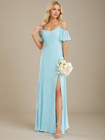 Aurora cold shoulder dress with split in light blue Express NZ wide - Bay Bridal and Ball Gowns