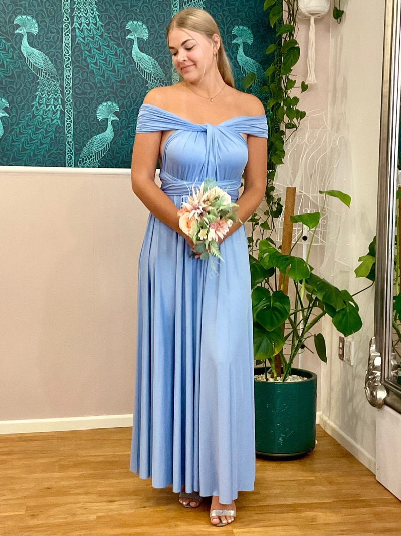 Belle Blue convertible Infinity bridesmaid dress with split Express NZ wide - Bay Bridal and Ball Gowns