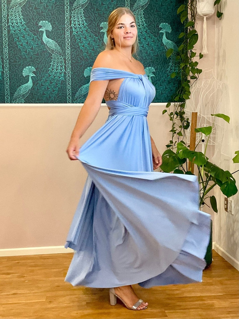 Belle Blue convertible Infinity bridesmaid dress with split Express NZ wide - Bay Bridal and Ball Gowns