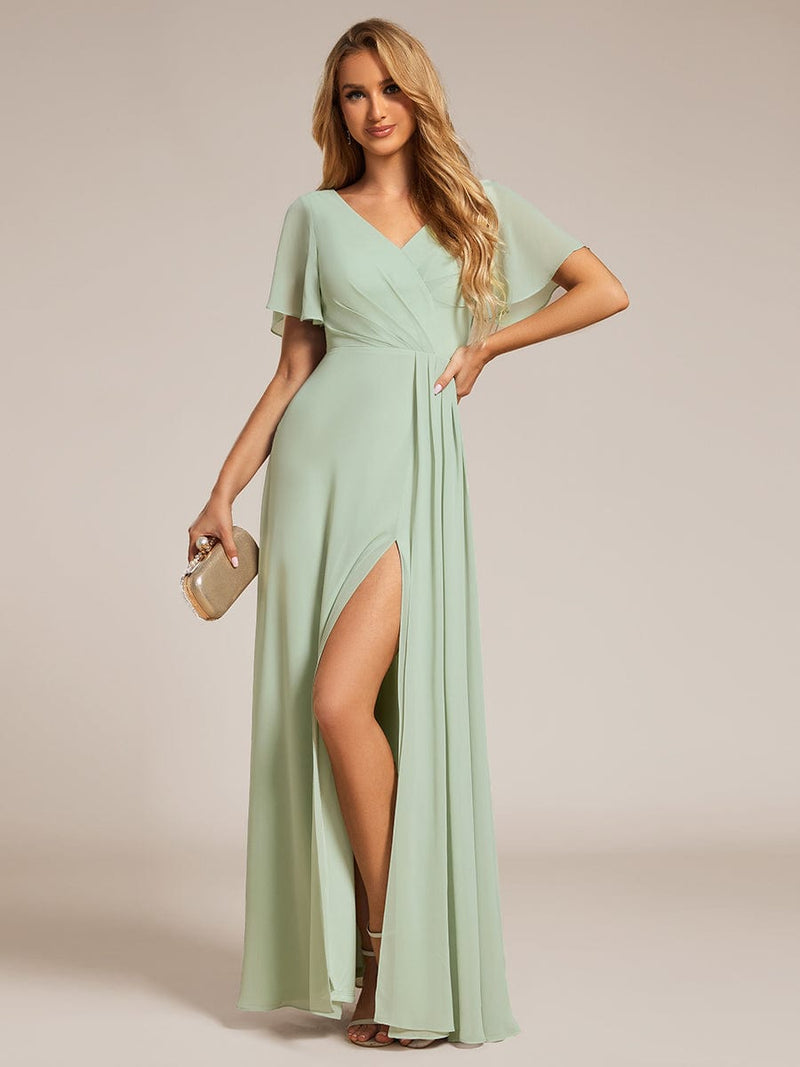 Bernice chiffon sleeved bridesmaid dress with slit - Bay Bridal and Ball Gowns