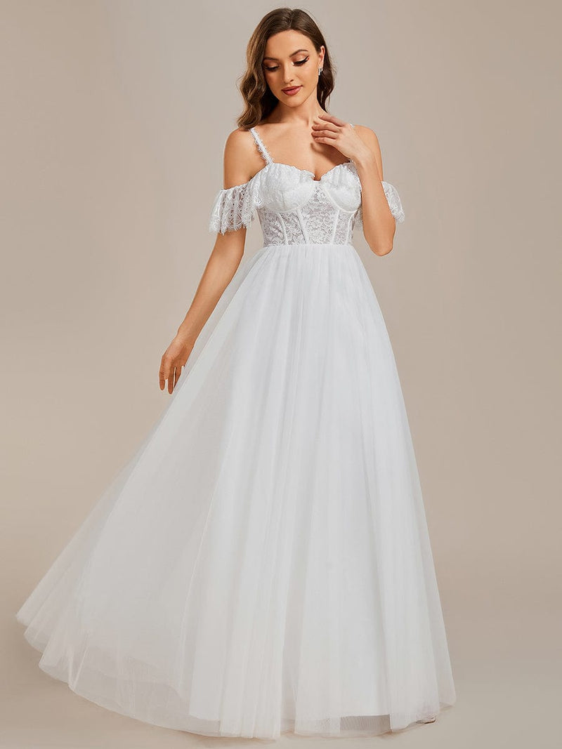 Bernice cold shoulder ivory wedding gown with lace - Bay Bridal and Ball Gowns