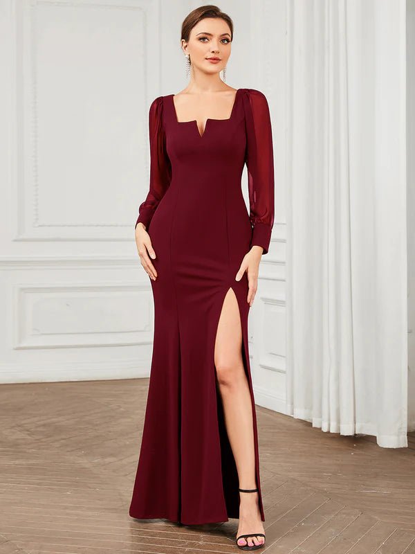 Bessie dress in burgundy with sleeve and split s6-8 Express NZ wide - Bay Bridal and Ball Gowns