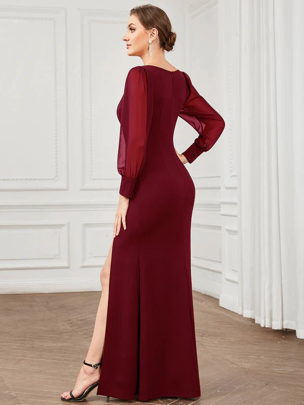 Bessie dress in burgundy with sleeve and split s6-8 Express NZ wide - Bay Bridal and Ball Gowns