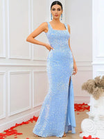 Beyonce sequin velvet ball dress with split in light blue s6-8 Express NZ wide - Bay Bridal and Ball Gowns