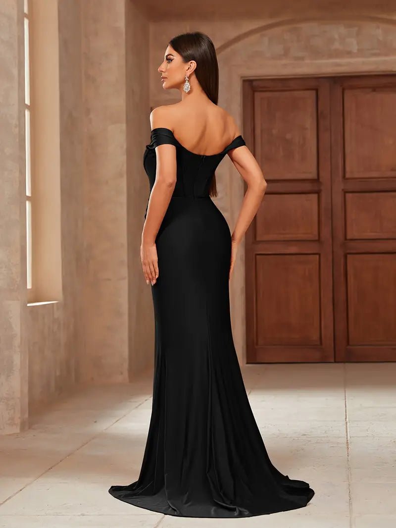 Bianca black corset off shoulder gown with split Express NZ wide - Bay Bridal and Ball Gowns