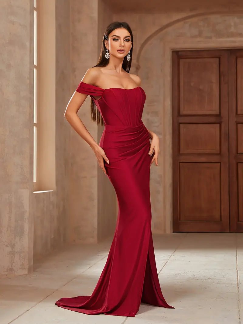 Bianca burgundy corset off shoulder gown with split Express NZ wide - Bay Bridal and Ball Gowns