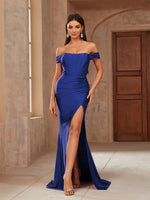 Bianca sapphire corset off shoulder gown with split Express NZ wide - Bay Bridal and Ball Gowns