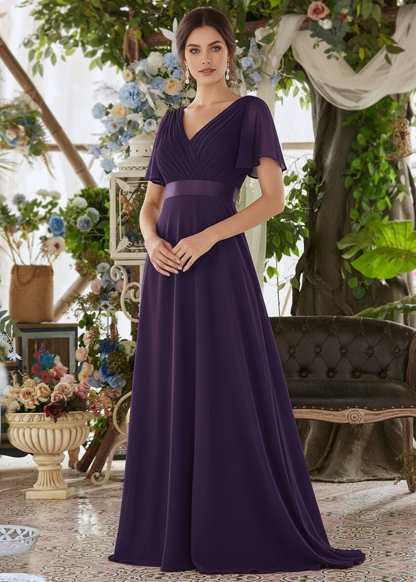 Dark Purple Sleeved Chiffon Evening Dress