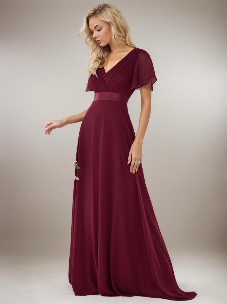 Billie flutter sleeve v neck chiffon bridesmaid dress - Bay Bridal and Ball Gowns