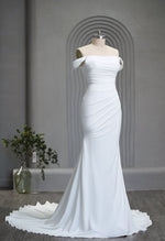 Bindi Crepe Ivory wedding dress with side ruching s10 Express NZ wide - Bay Bridal and Ball Gowns