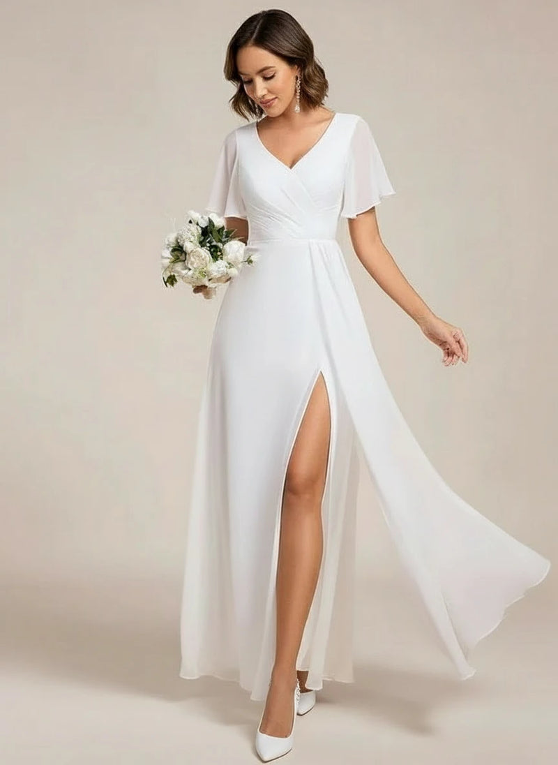 Blanch white chiffon wedding dress with split and sleeve - Bay Bridal and Ball Gowns