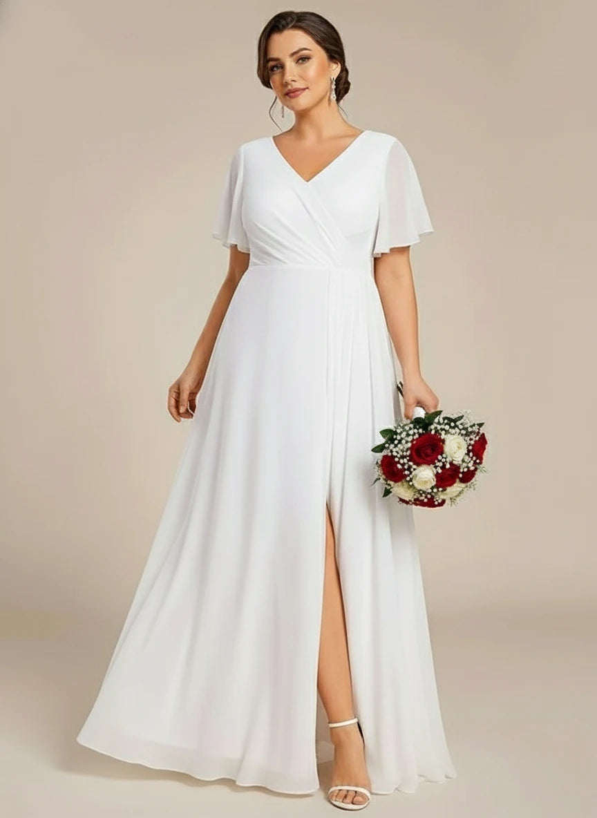 Blanch white chiffon wedding dress with split and sleeve - Bay Bridal and Ball Gowns