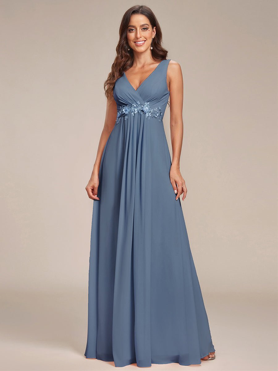 Bonny V Neck chiffon event gown with appliquein dusky navy Express NZ wide - Bay Bridal and Ball Gowns