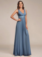 Bonny V Neck chiffon event gown with appliquein dusky navy Express NZ wide - Bay Bridal and Ball Gowns