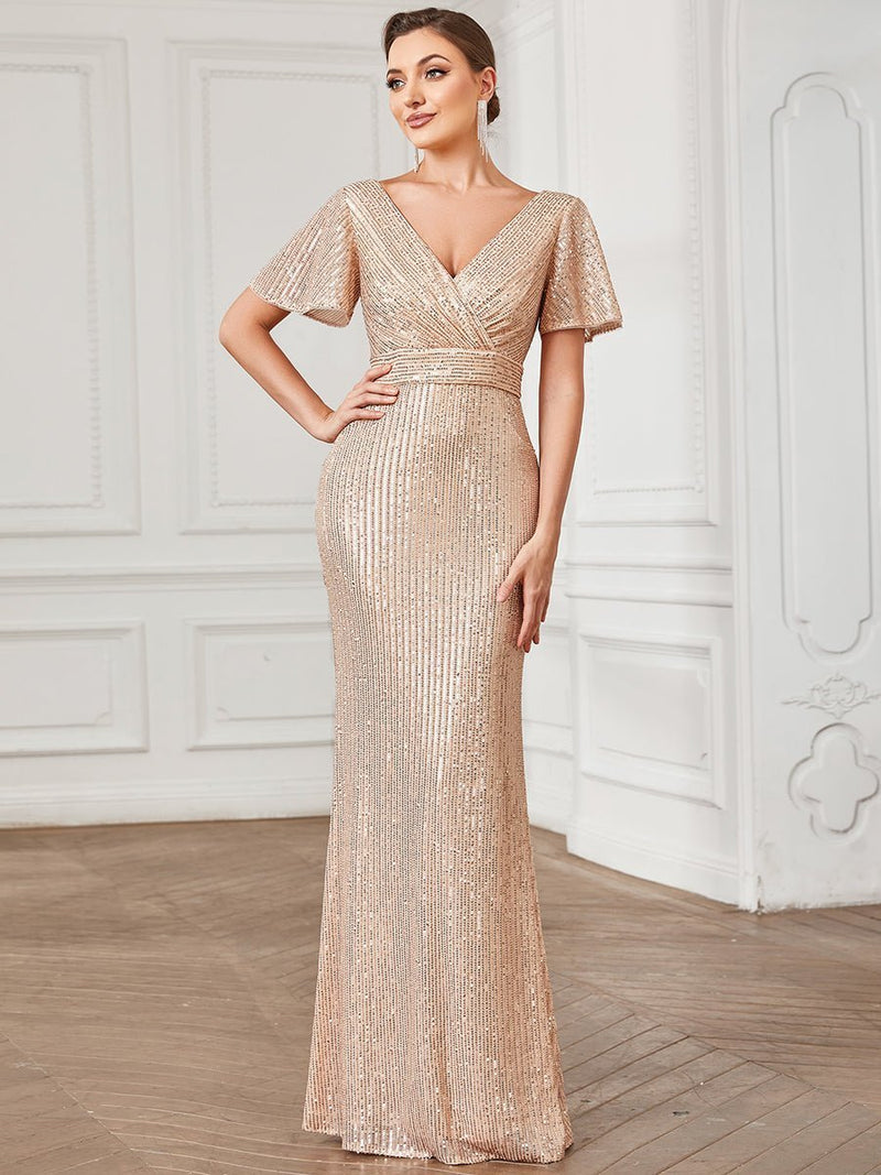 Carolina short sleeve sequin dress in rose gold s8 Express NZ wide - Bay Bridal and Ball Gowns