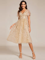 Clarice sleeeved light gold midi wedding dress - Bay Bridal and Ball Gowns