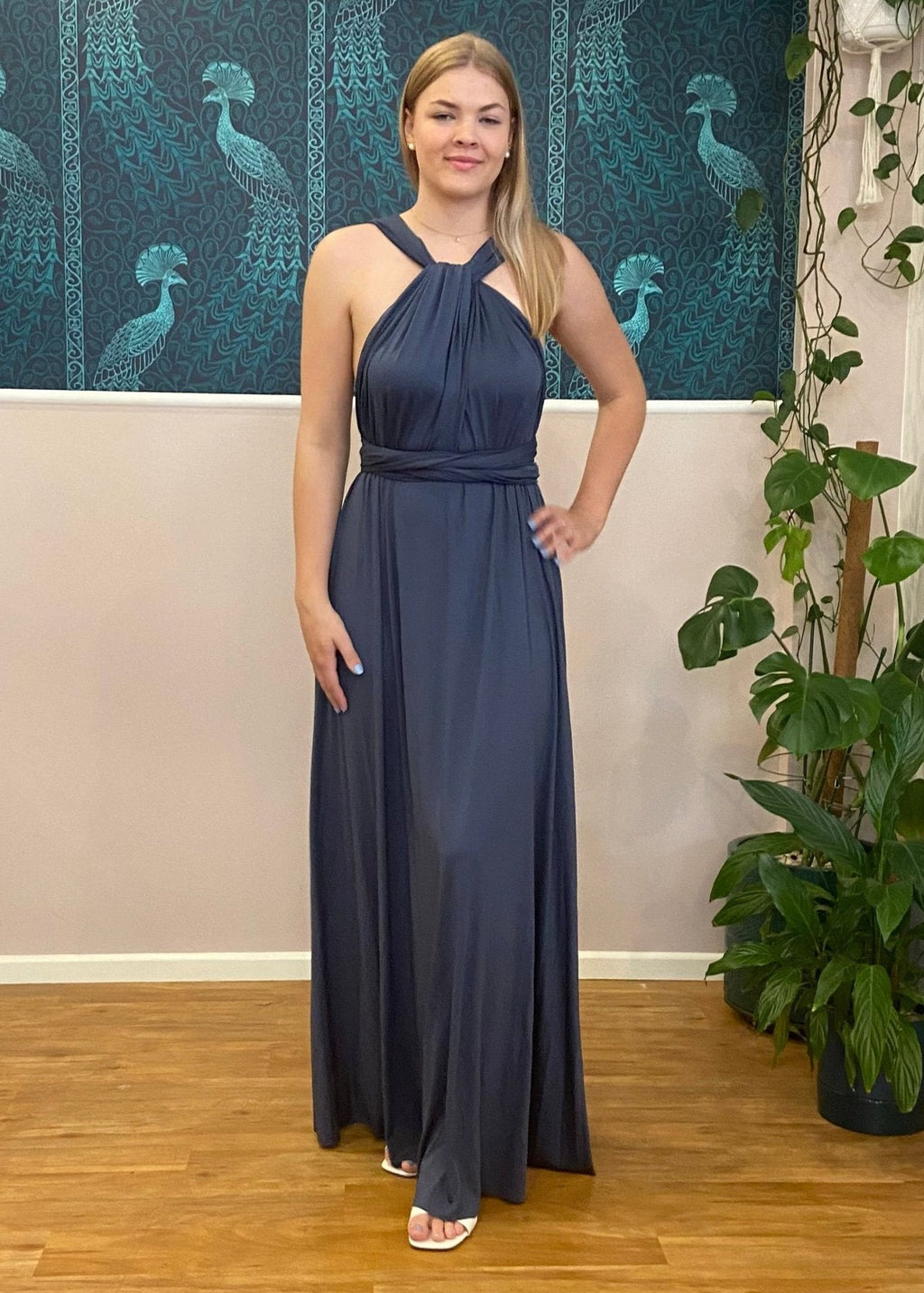 navy blue infinity bridesmaid dress June Bridals Navy Blue Bridesmaid Infinity Floor Length Wrap With Chiffon Convertible Dress