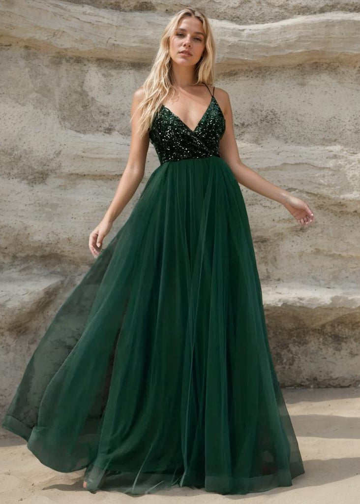 Constance strappy back satin ball dress in ever green Bay Bridal