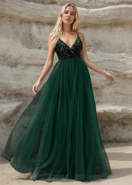 Constance strappy back satin ball dress in ever green