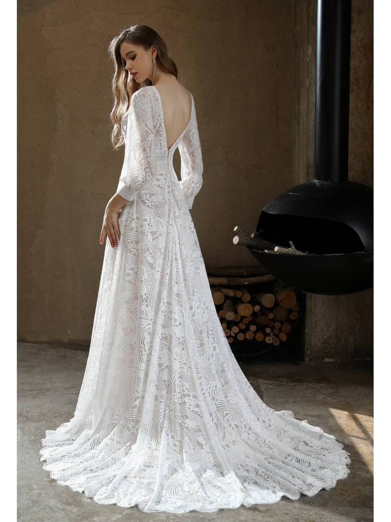long sleeve wedding dress nz Long Sleeves Elegant Basque Waist Wedding Dress