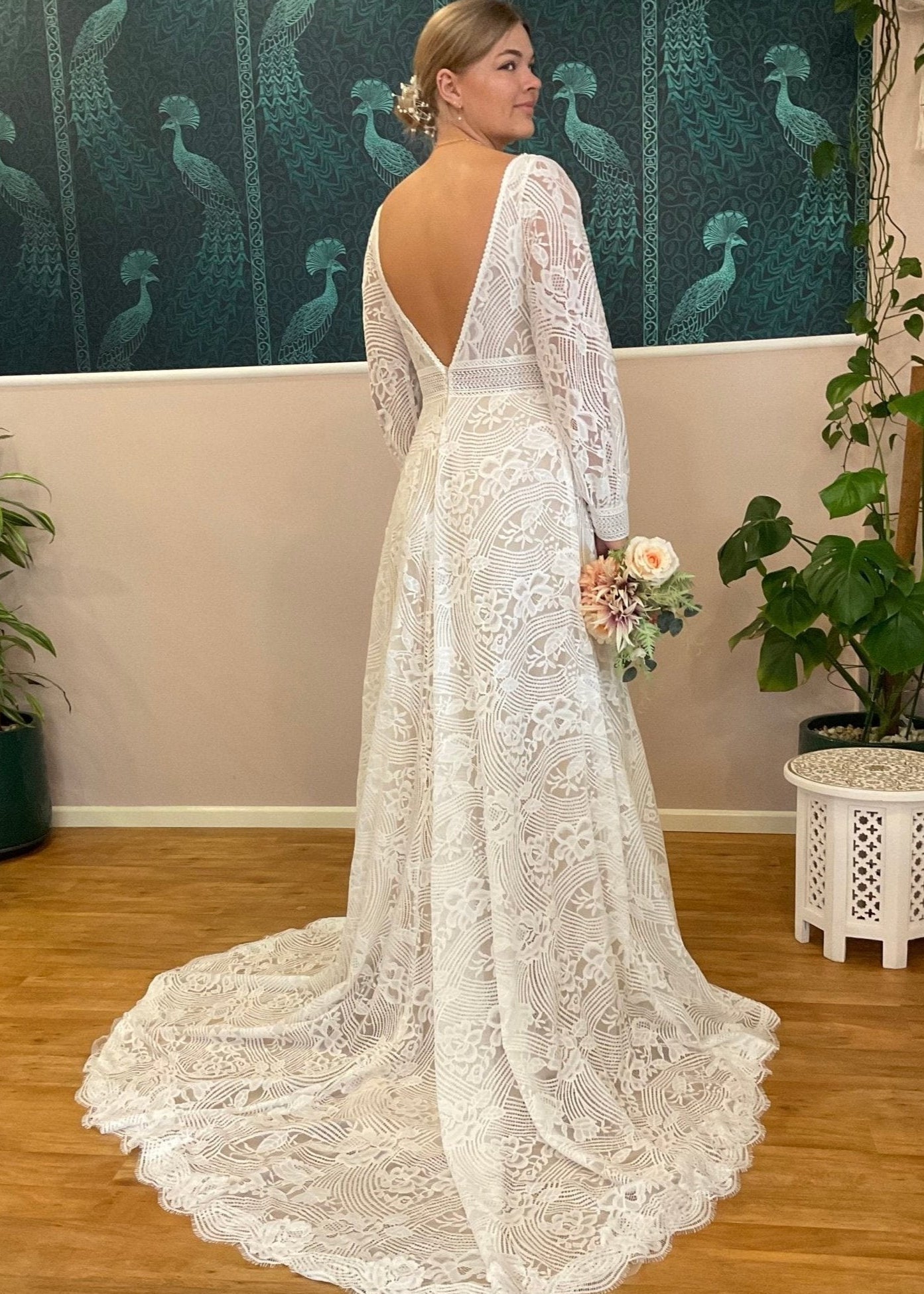 Boho Sleeved Lace Wedding Dress in Ivory/Nude Bay Bridal