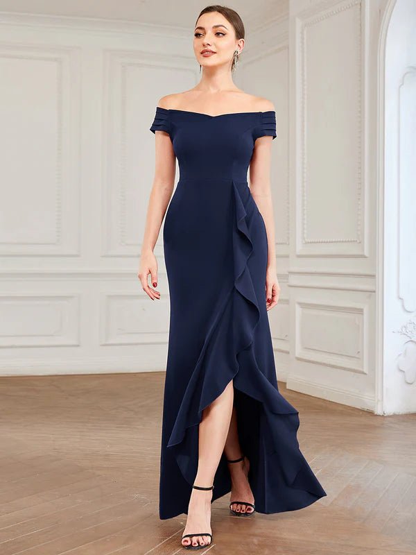 Daisy navy off shoulder party dress s8-10 Express NZ wide - Bay Bridal and Ball Gowns