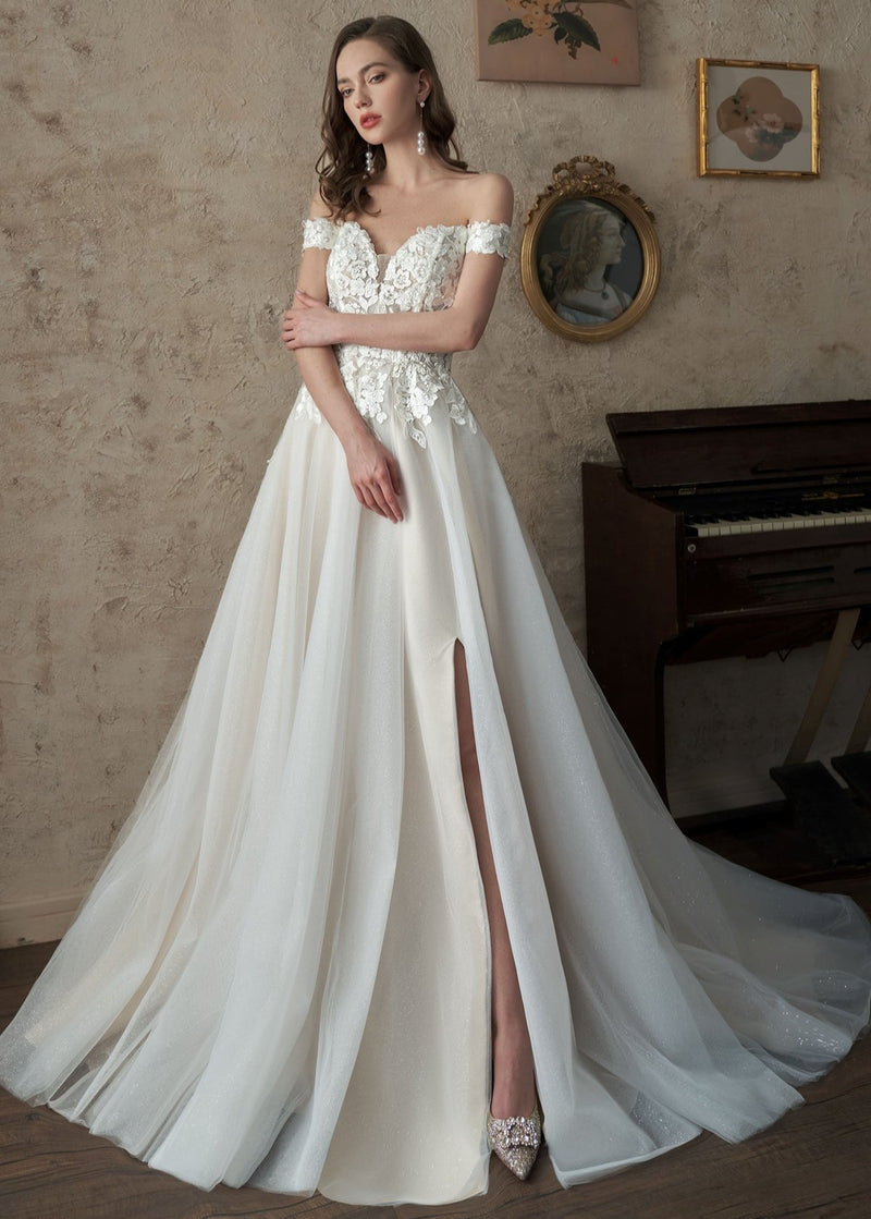 Dannie off shoulder Ivory/Champagne wedding gown s6 - 8 Express NZ wide - Bay Bridal and Ball Gowns