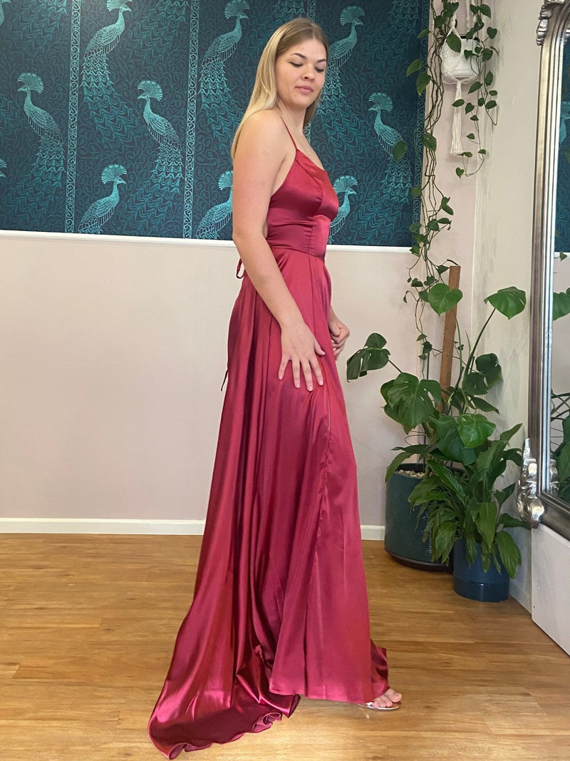 Darcy burgundy satin ball dress with split Express NZ wide - Bay Bridal and Ball Gowns