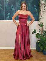 Darcy burgundy satin ball dress with split Express NZ wide - Bay Bridal and Ball Gowns