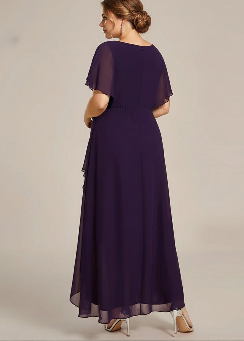 Purple evening gown with sheer sleeves on a beige background