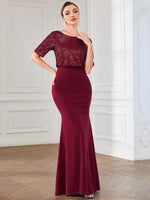 Delila Sequin evening dress with sleeve in burgundy Express NZ wide - Bay Bridal and Ball Gowns