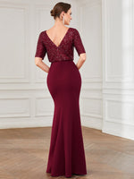 Delila Sequin evening dress with sleeve in burgundy Express NZ wide - Bay Bridal and Ball Gowns