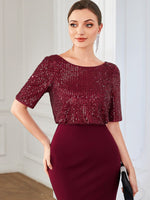 Delila Sequin evening dress with sleeve in burgundy Express NZ wide - Bay Bridal and Ball Gowns