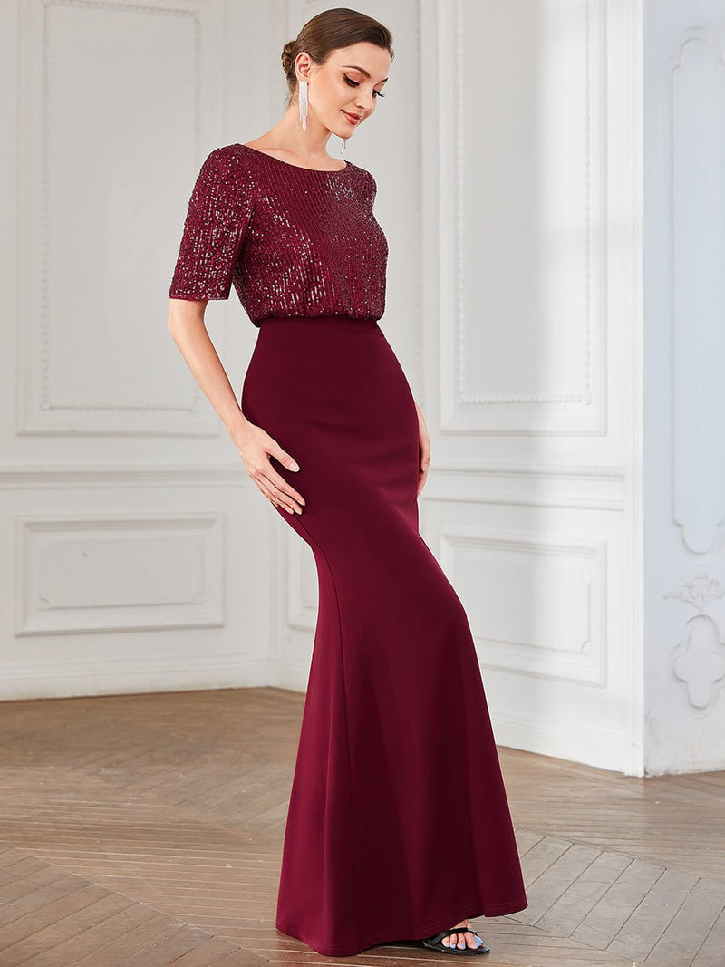 Delila Sequin evening dress with sleeve in burgundy Express NZ wide - Bay Bridal and Ball Gowns