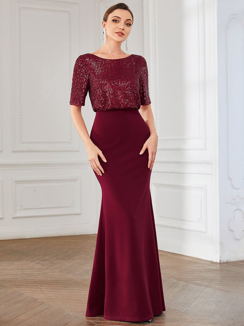 Delila Sequin evening dress with sleeve in burgundy Express NZ wide - Bay Bridal and Ball Gowns