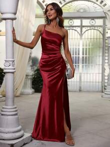 Desaree one shoulder satin dress in burgundy Express NZ wide - Bay Bridal and Ball Gowns